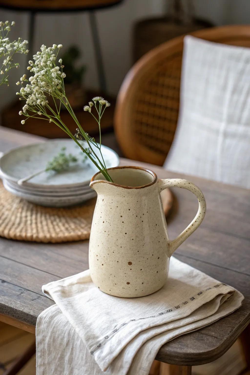 A tiny booth tablescape starts with one charming pitcher—add linen and a single bloom.