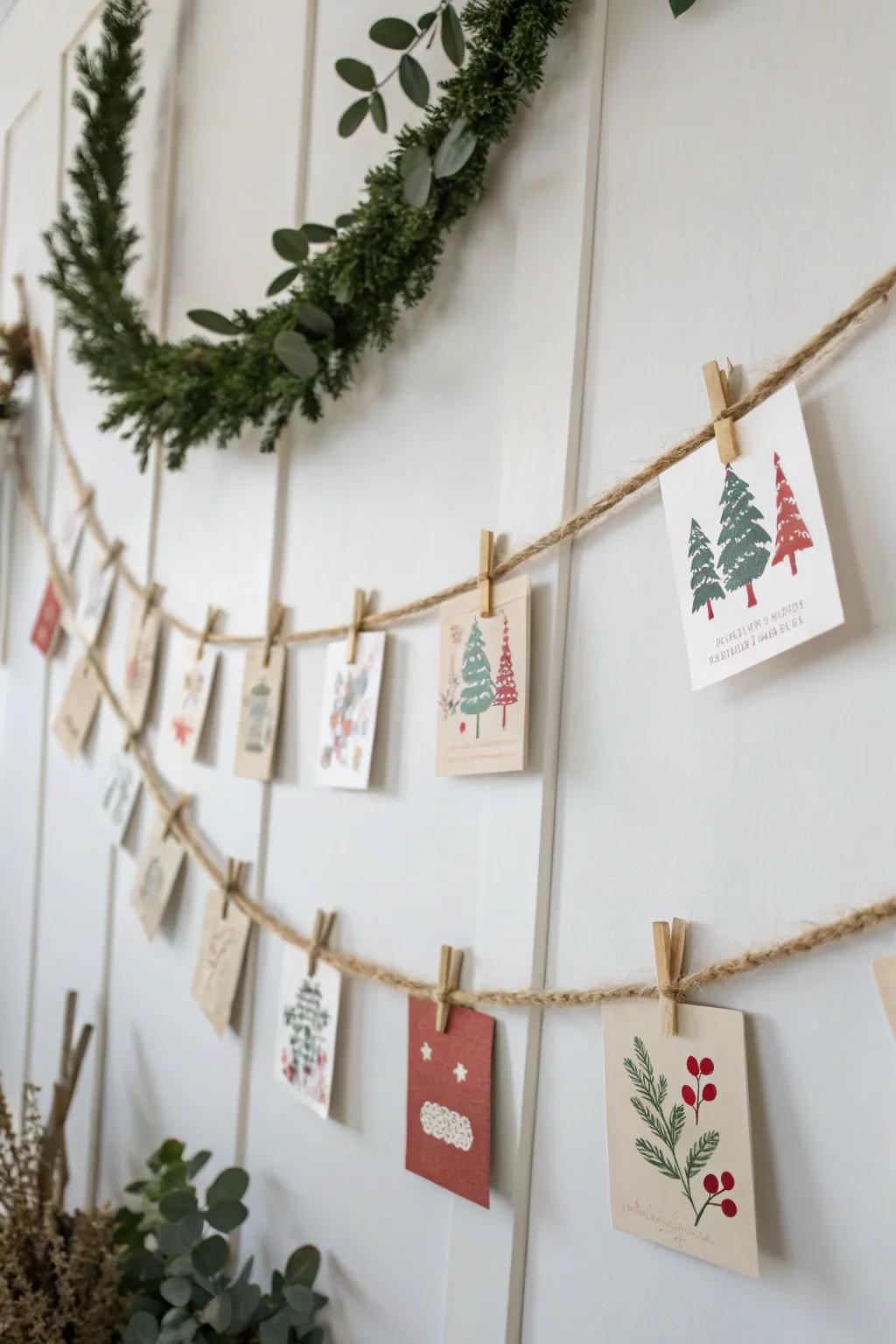 Turn Christmas cards into free wall art: a twine garland adds cozy color without clutter.
