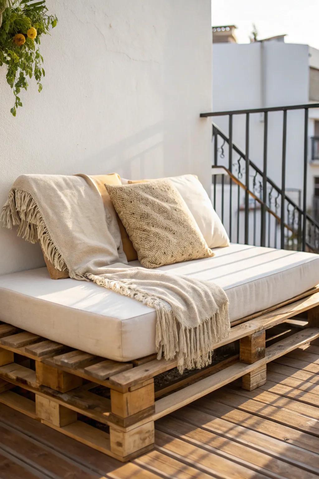 DIY pallet lounge platform: budget balcony daybed vibes with cozy cushions and calm Scandi style