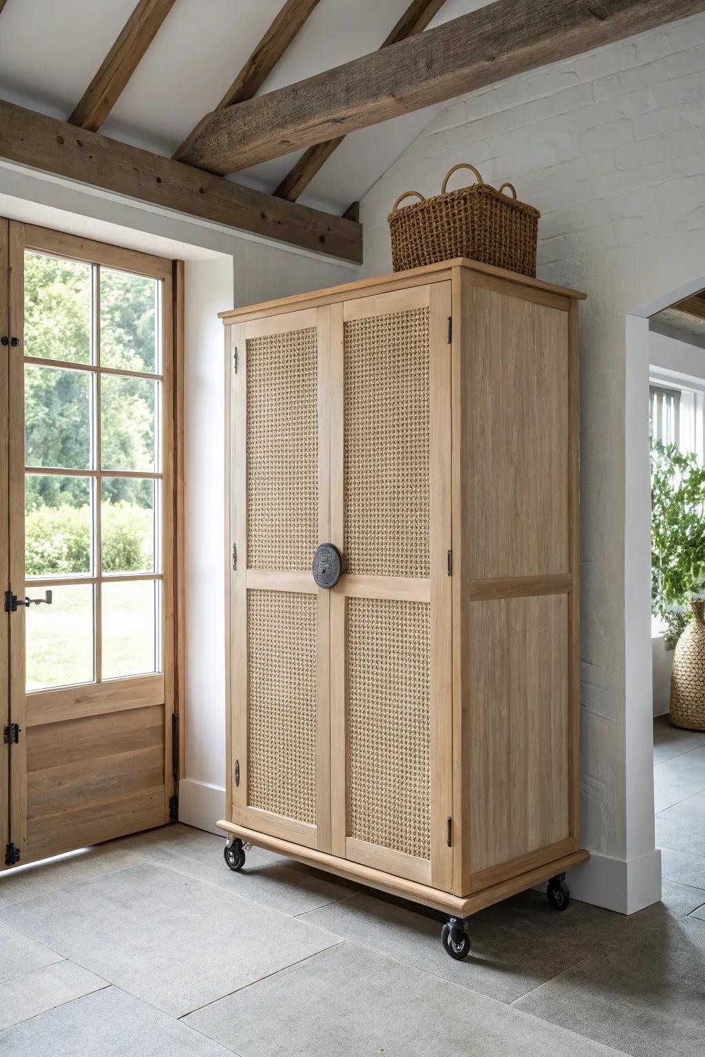 A rolling storage pod creates “extra rooms” in a small barn—shift from work to guest mode fast.
