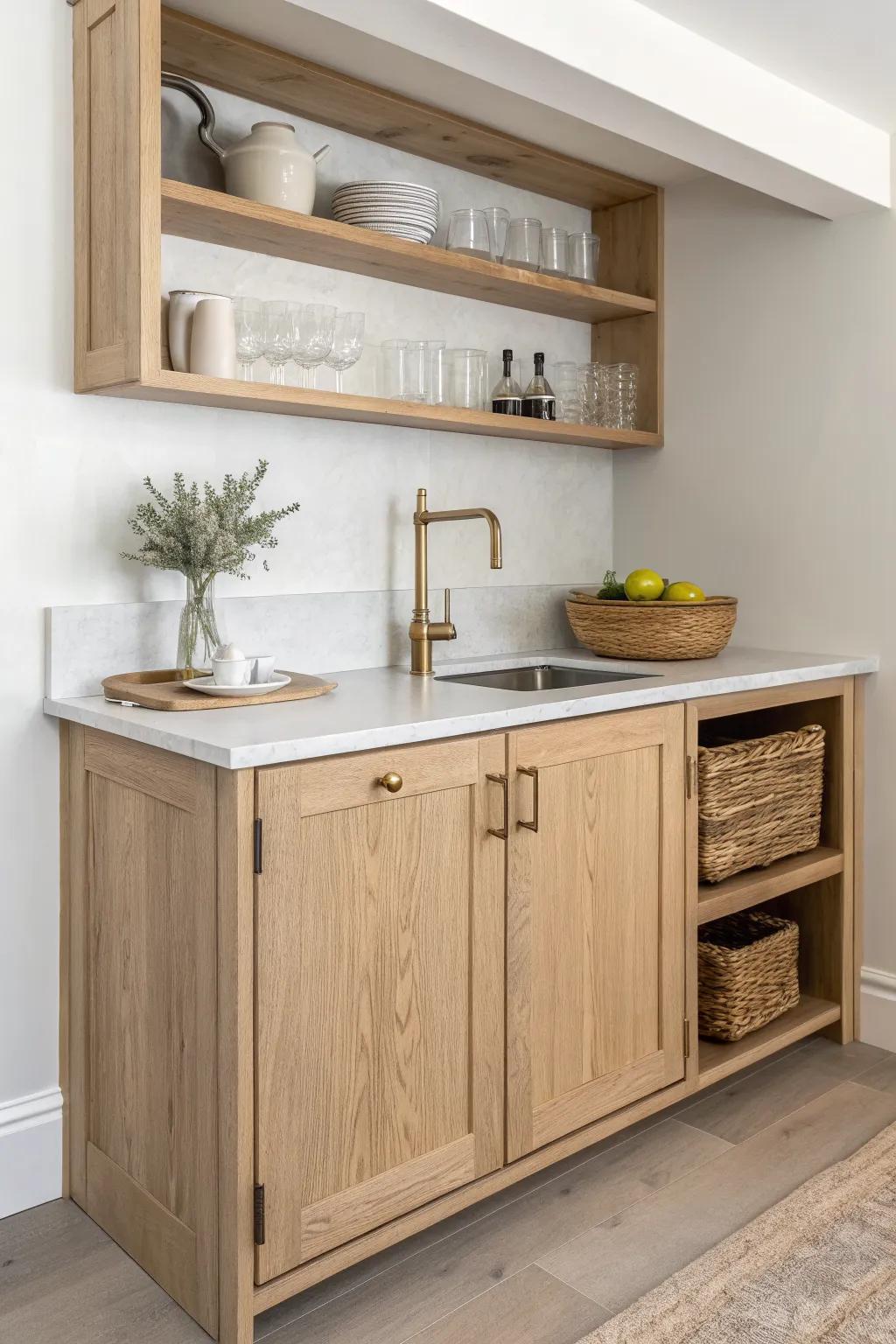 A tiny basement wet bar: slim oak cabinet, open shelves, and brass accents for big charm.