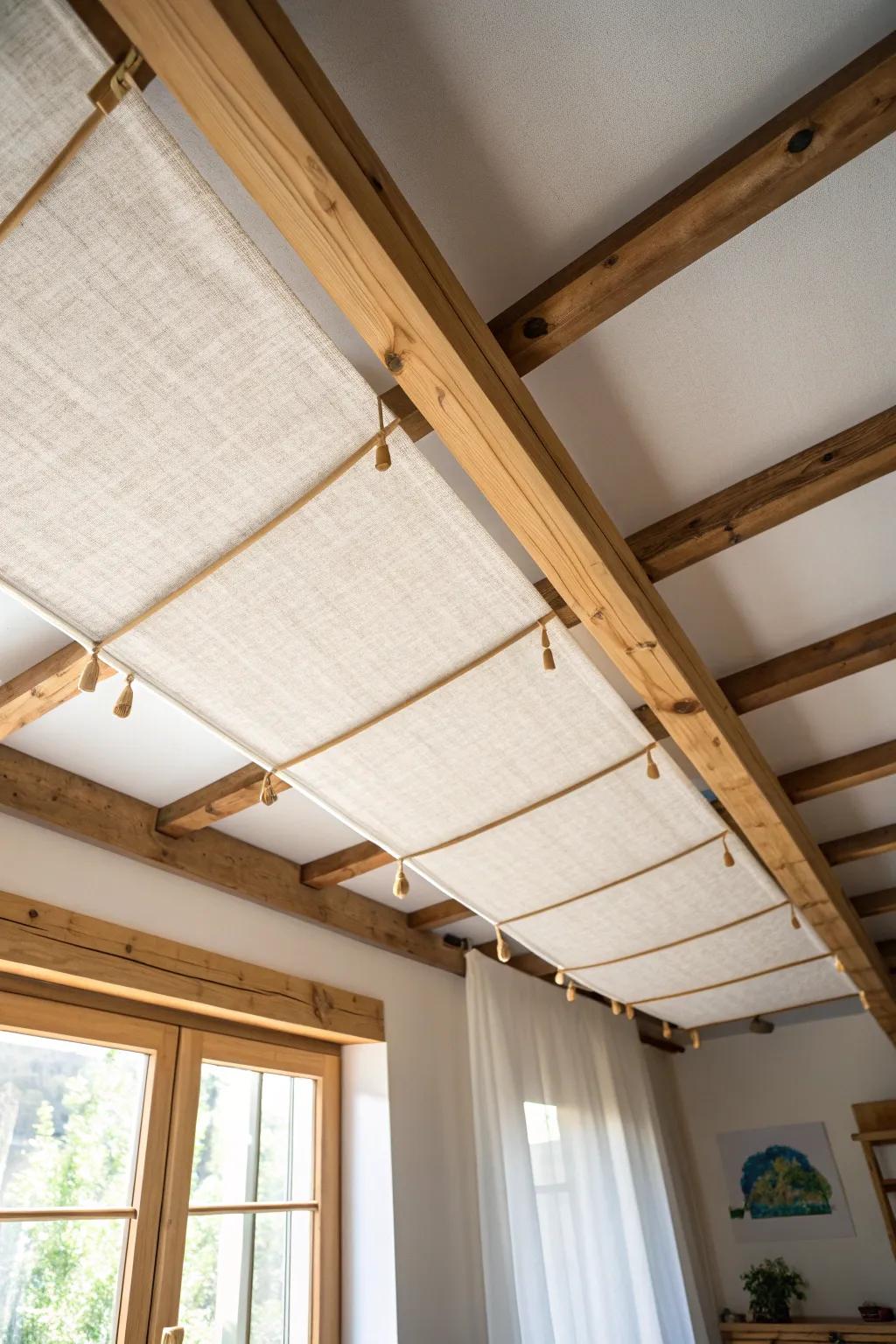 Budget basement cozy hack: linen ceiling panels hide joists, soften sound, and feel intentional.