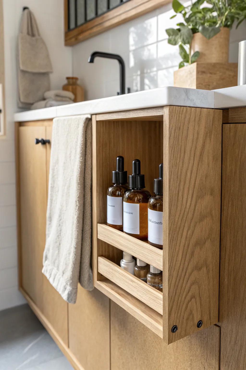 Inside-door mini shelf keeps skincare backups upright, visible, and beautifully organized.