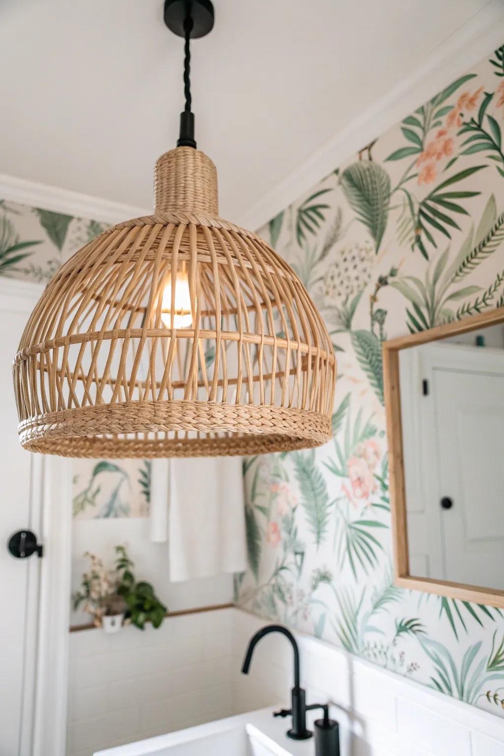 Let your ceiling be the surprise—botanical wallpaper turns a tiny bath into a styled jewel box.