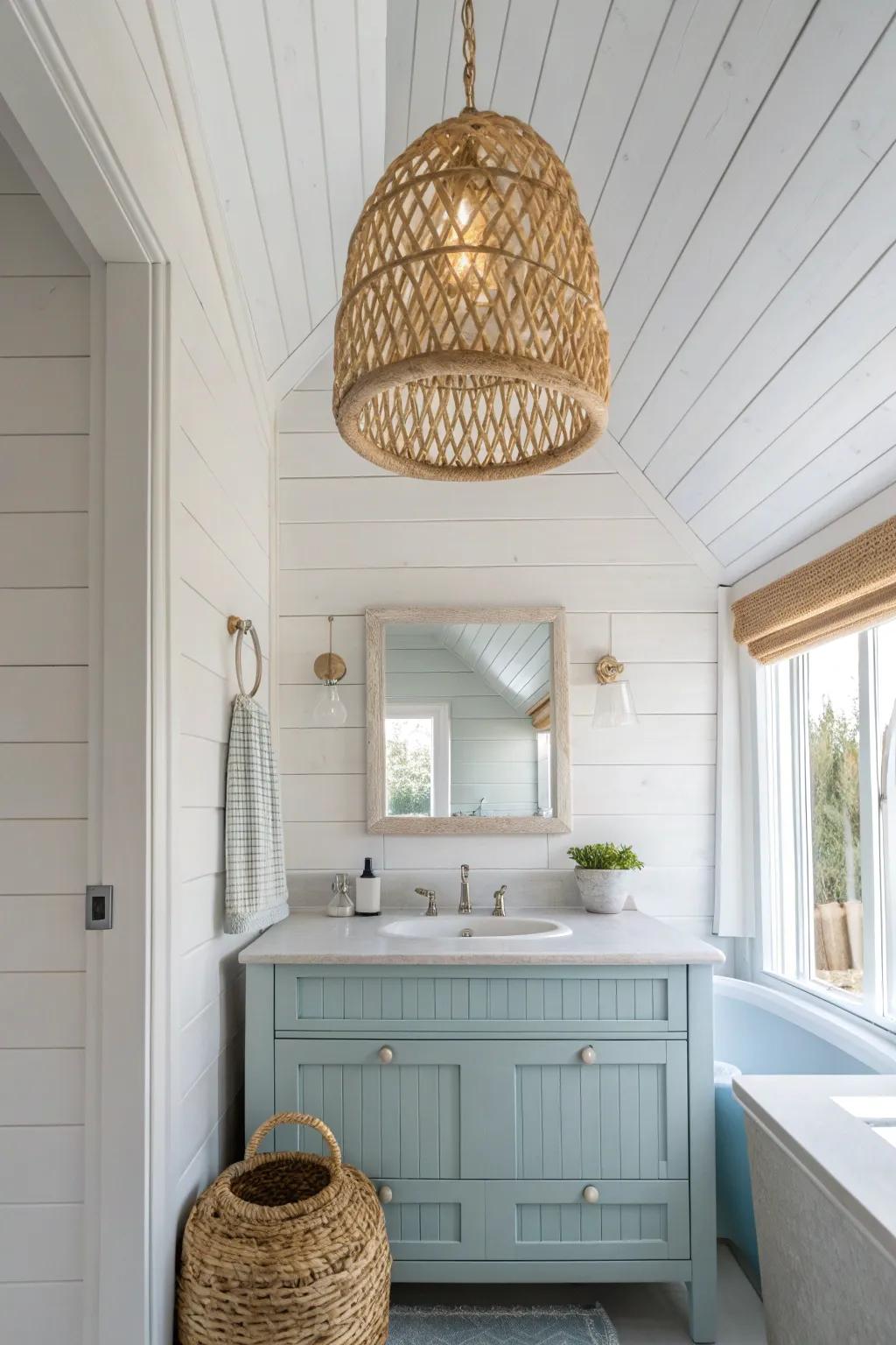 A whisper of pale blue on the ceiling makes a small bath feel taller—and calmer.