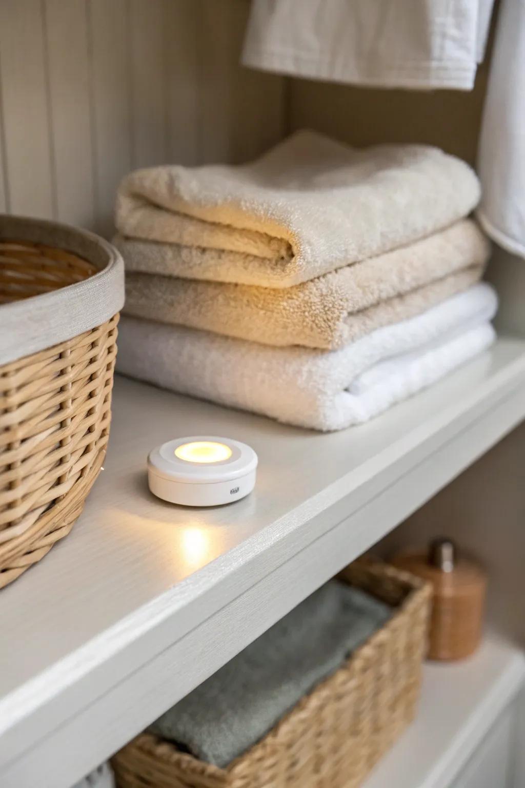 Motion-sensor glow makes a tiny linen closet feel bigger—plus space for a hidden overflow shelf.
