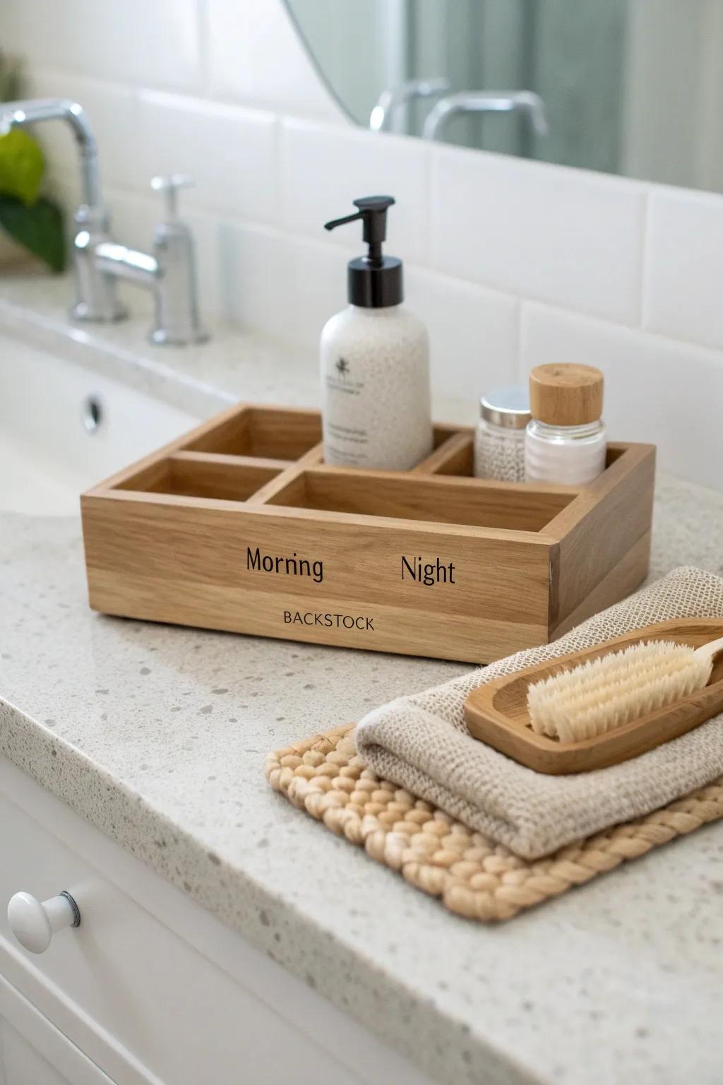 One tray, three zones—morning, night, and backstock—made for tiny bathroom calm, everyday.