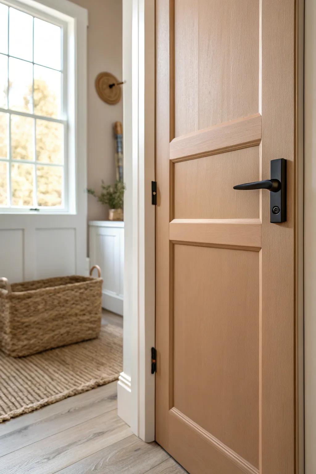 Tone-on-tone bathroom door paint blends with walls for a calm, spacious feel—perfect for small baths.