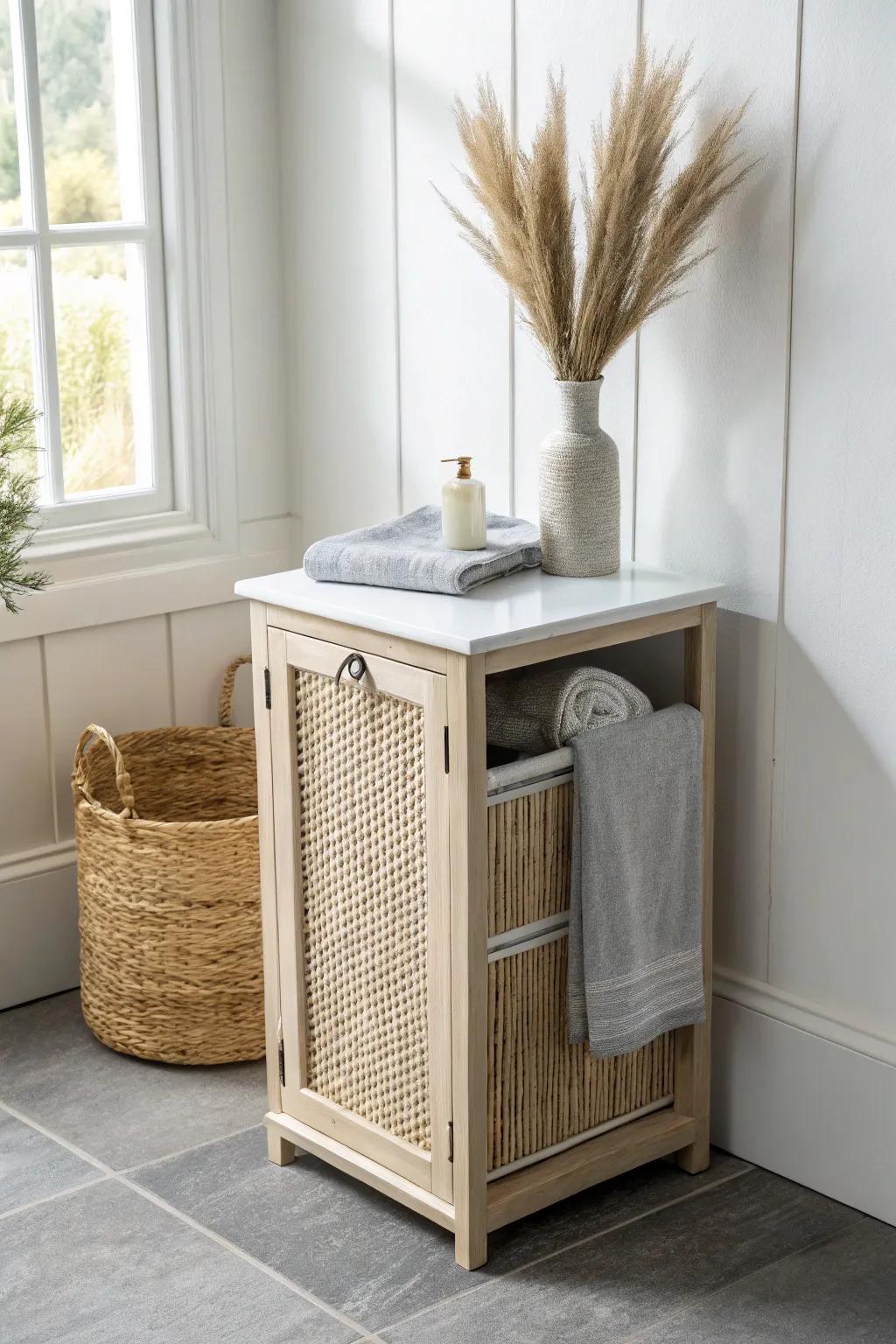 A chic hidden-hamper table that hides laundry while adding a pretty spot for decor.