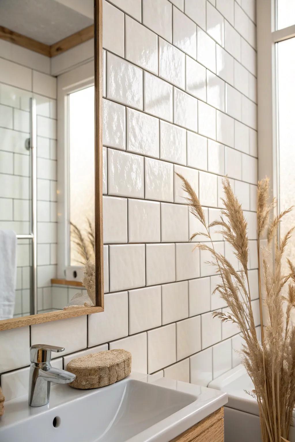 A slim mirror-look tile strip that doubles light—chic, subtle, and perfect for tiny baths.