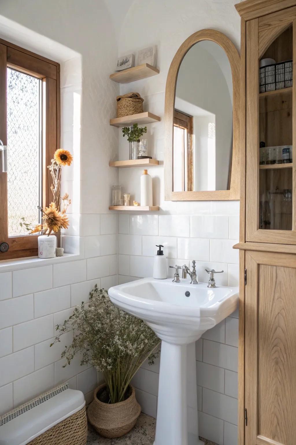 A recessed medicine cabinet between studs adds hidden storage above a pedestal sink.
