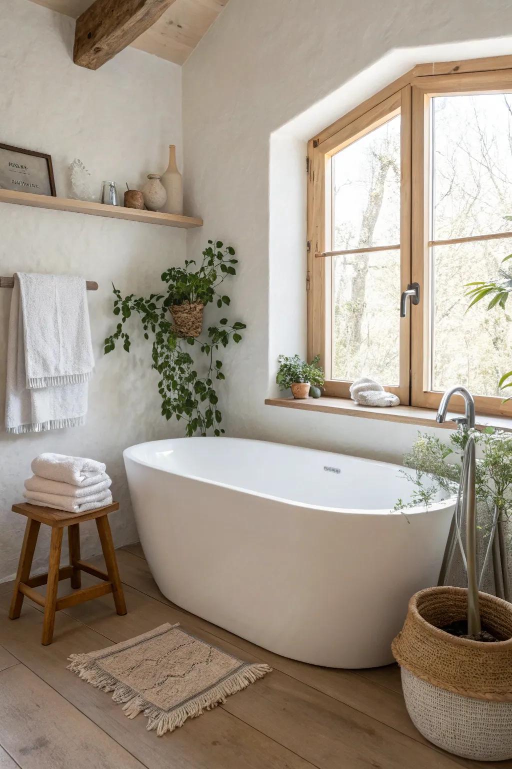 A small tub feels like a spa when a half wall creates a cozy nook and a styled ledge.