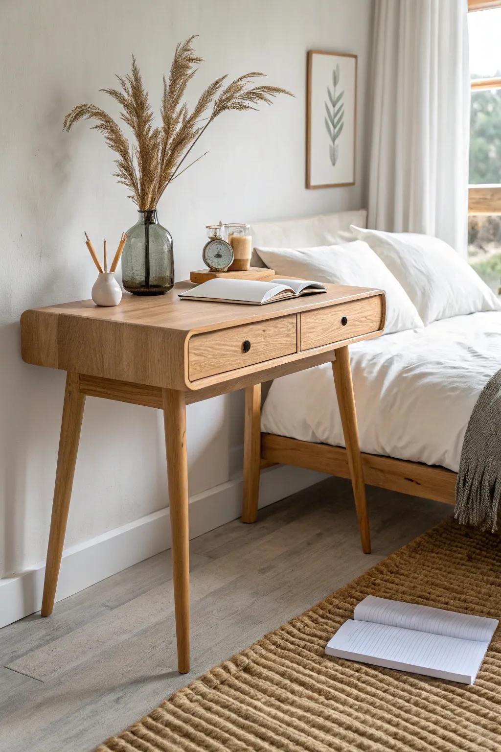 A slim desk at the foot of the bed creates a hotel-style small bedroom office moment.