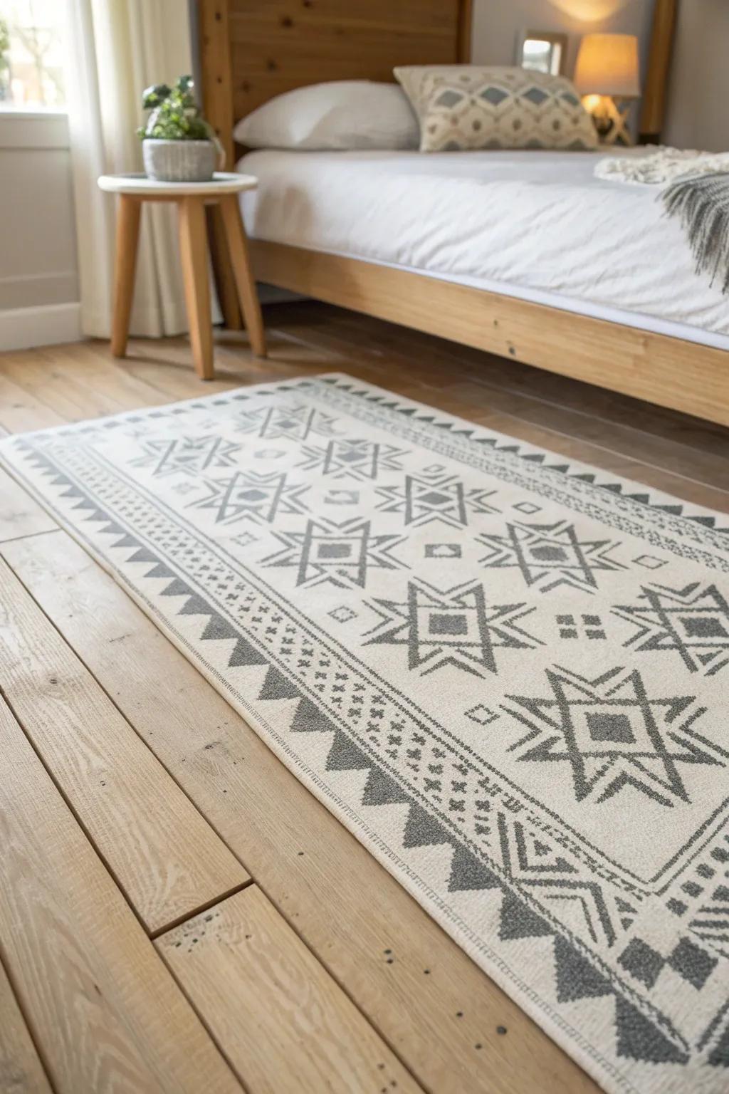 A stencil-painted faux rug adds pattern and polish to small bedrooms—no bulky rug needed.