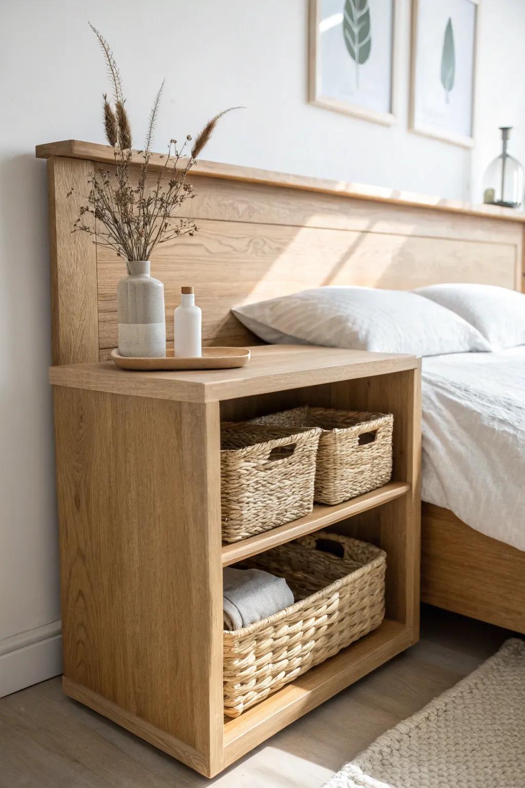 A headboard shelf with matching bins adds stealth storage—minimal, cozy, and intentional.