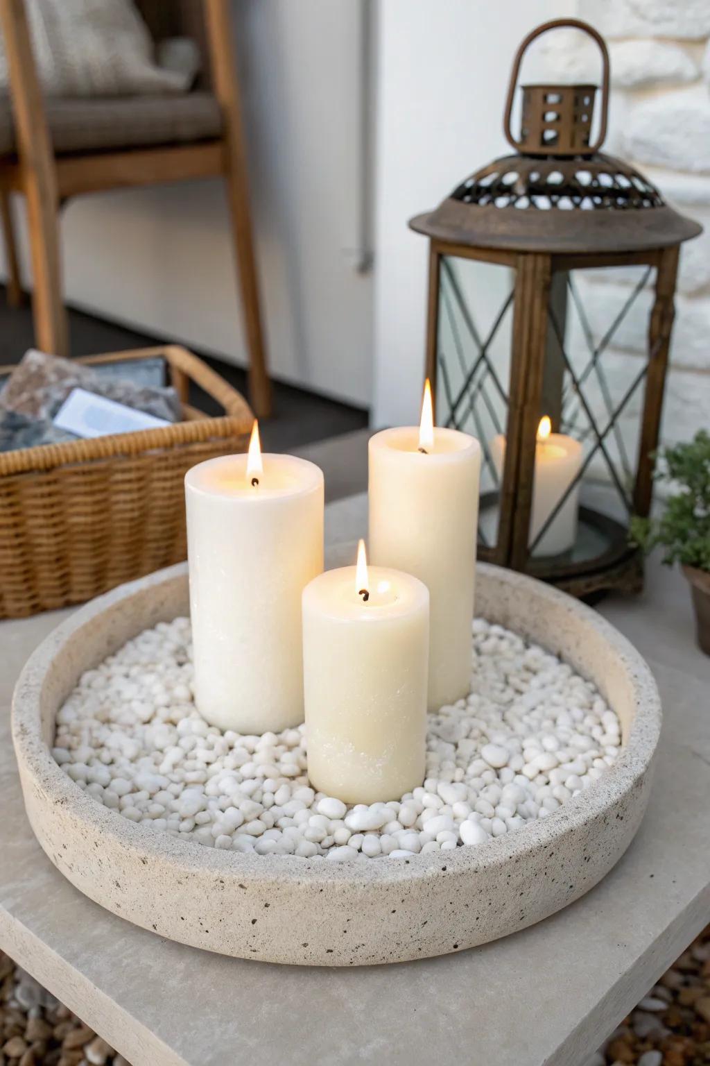 DIY boho candle cluster: a gravel-filled tray that makes tiny patios feel instantly styled.