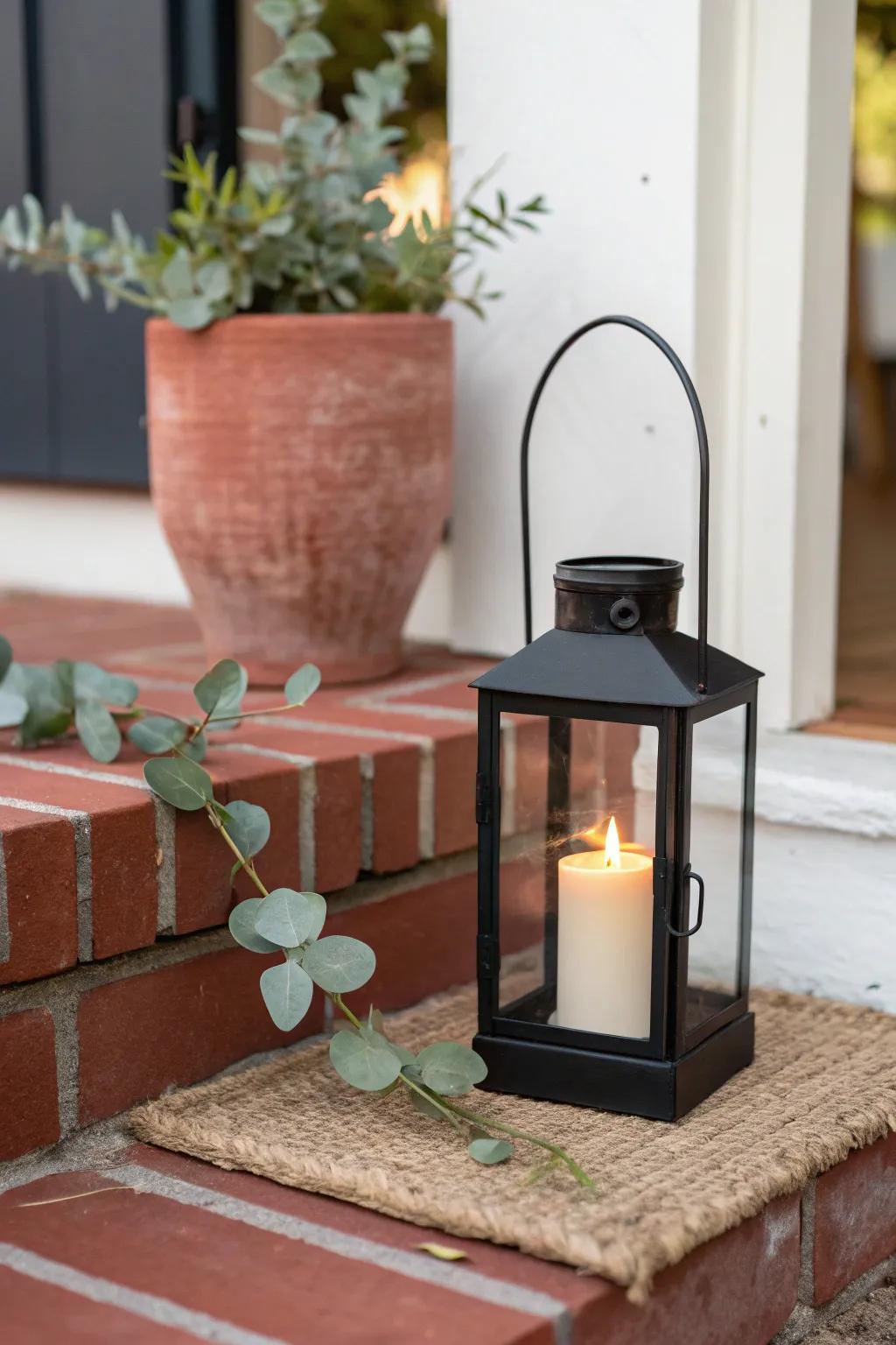 Simple rule of three: a lantern, a planter, and a mat—letting the brick porch breathe.