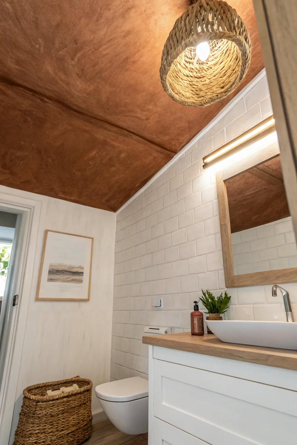 A matte brown ceiling adds a cozy, high-end wraparound feel—without making a small bath feel tight.