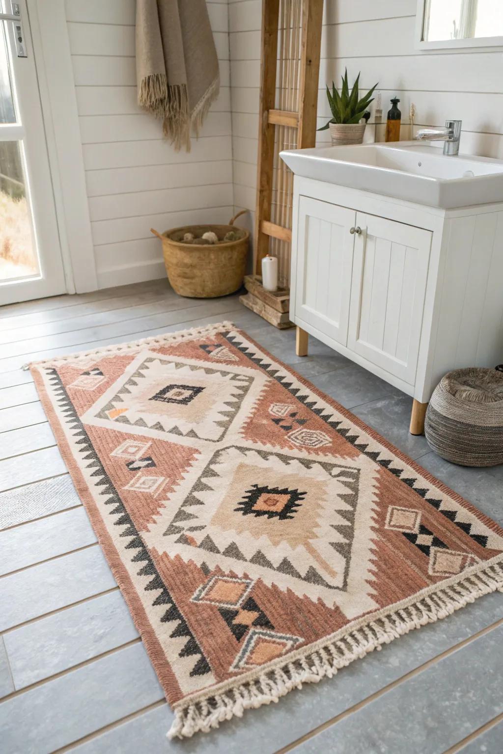 A patterned kilim rug adds cozy cabin warmth and instant style to the smallest bathroom.
