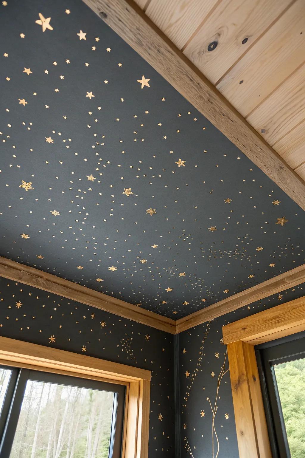 A deep charcoal starry loft ceiling—tiny hand-painted dots for instant cozy cabin magic.