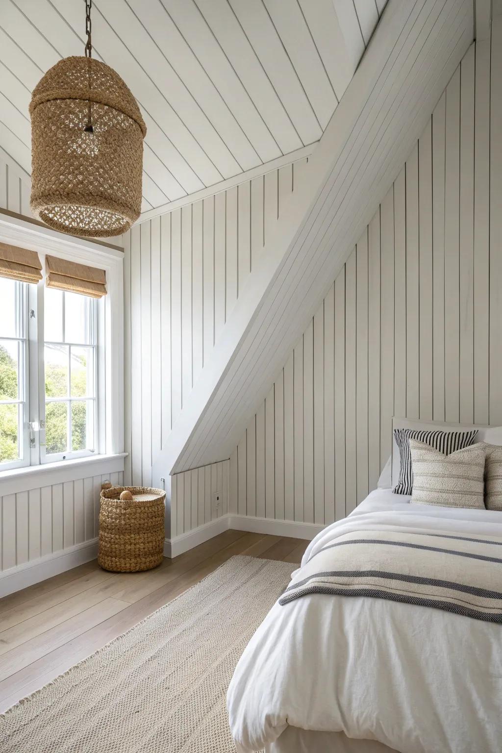 Subtle vertical stripes visually lift the tallest wall, easing the squeeze of Cape Cod slopes.