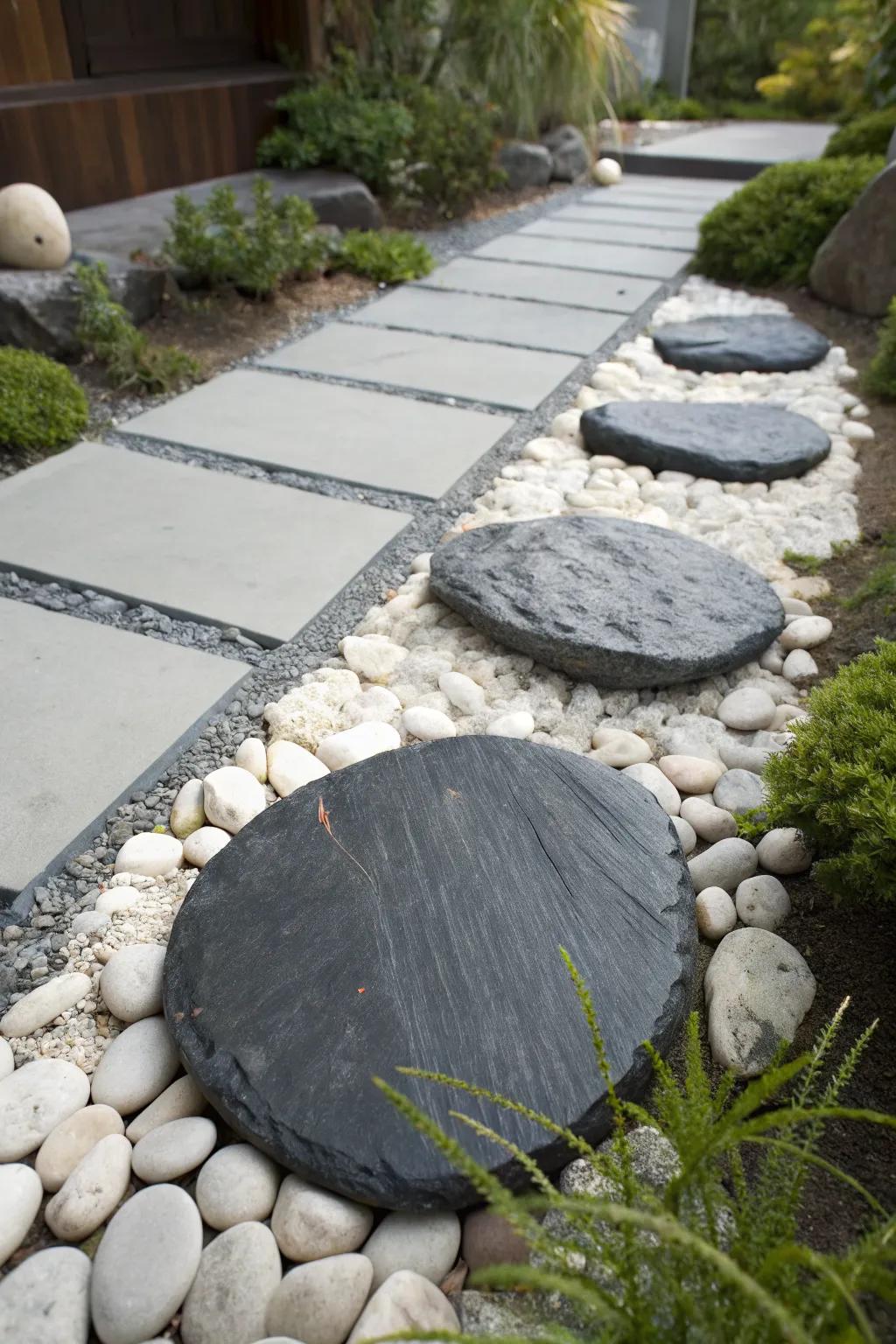 A slate stepping stone floating over a pebble stream—big Chinese-garden drama in a tiny space.