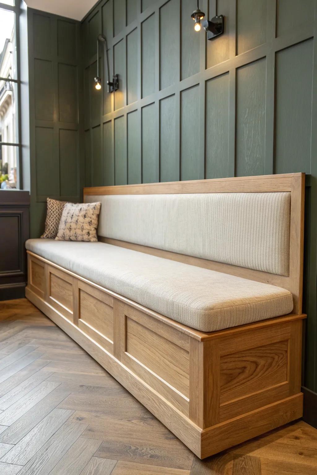 A slim built‑in banquette with hidden storage—perfect for hosting in a tiny cigar room.