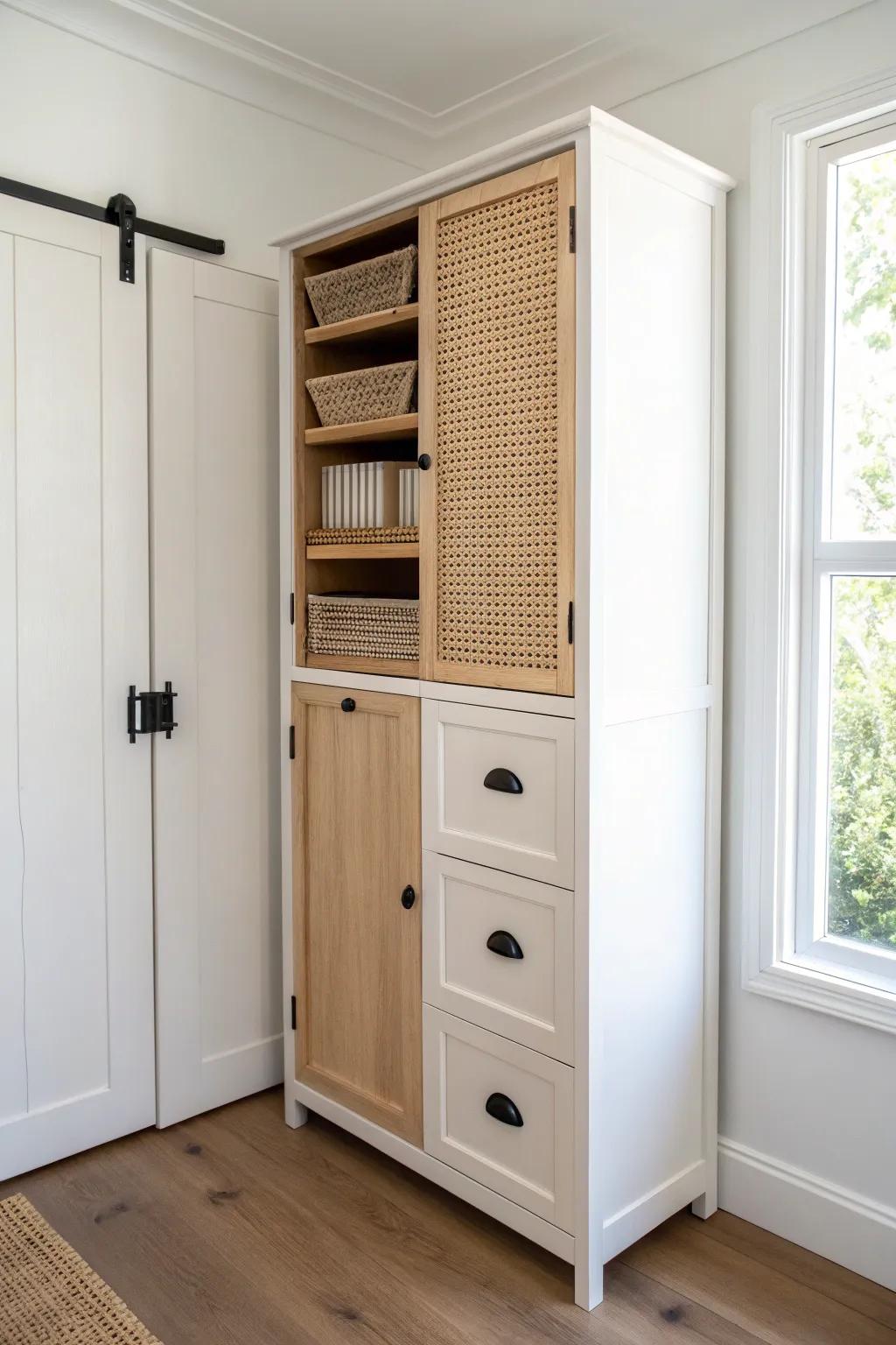 Fold-down birch-and-rattan closet craft nook: tidy wrapping rolls and a hidden work surface.