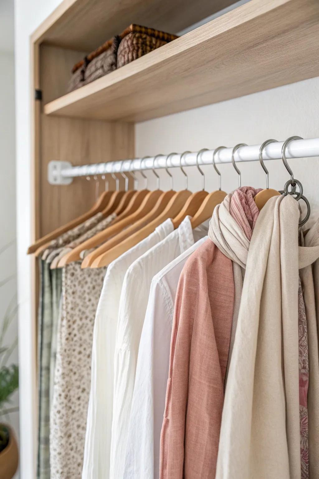 Use a simple tension rod to turn closet side walls into chic scarf & tie storage.