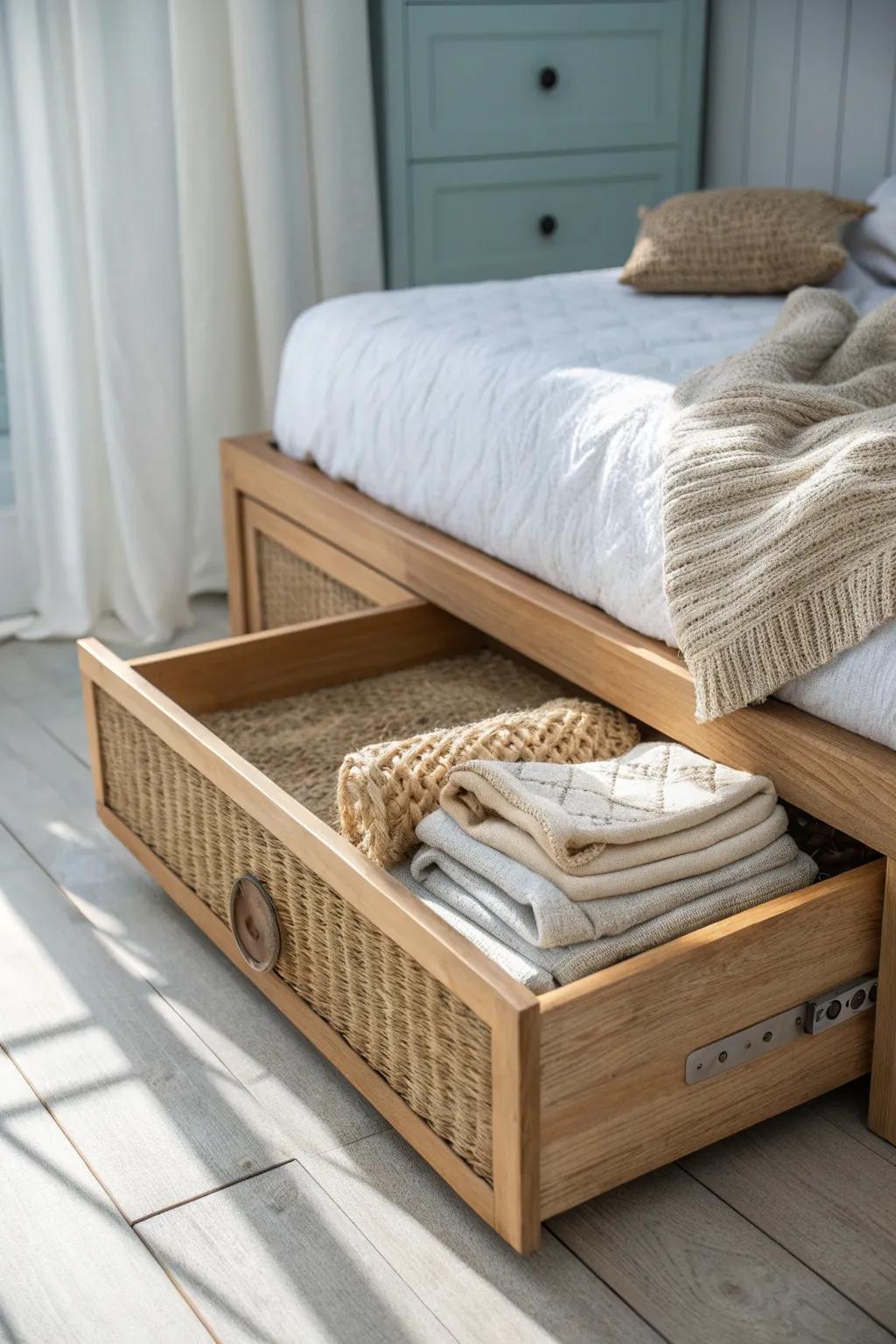 A hidden dune under the bed: seagrass drawer storage keeps coastal bedrooms breezy and calm.