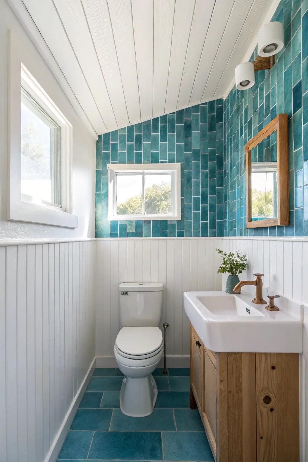 Ombre tiles make a tiny bathroom unforgettable—rich color below fading to light for instant wow.
