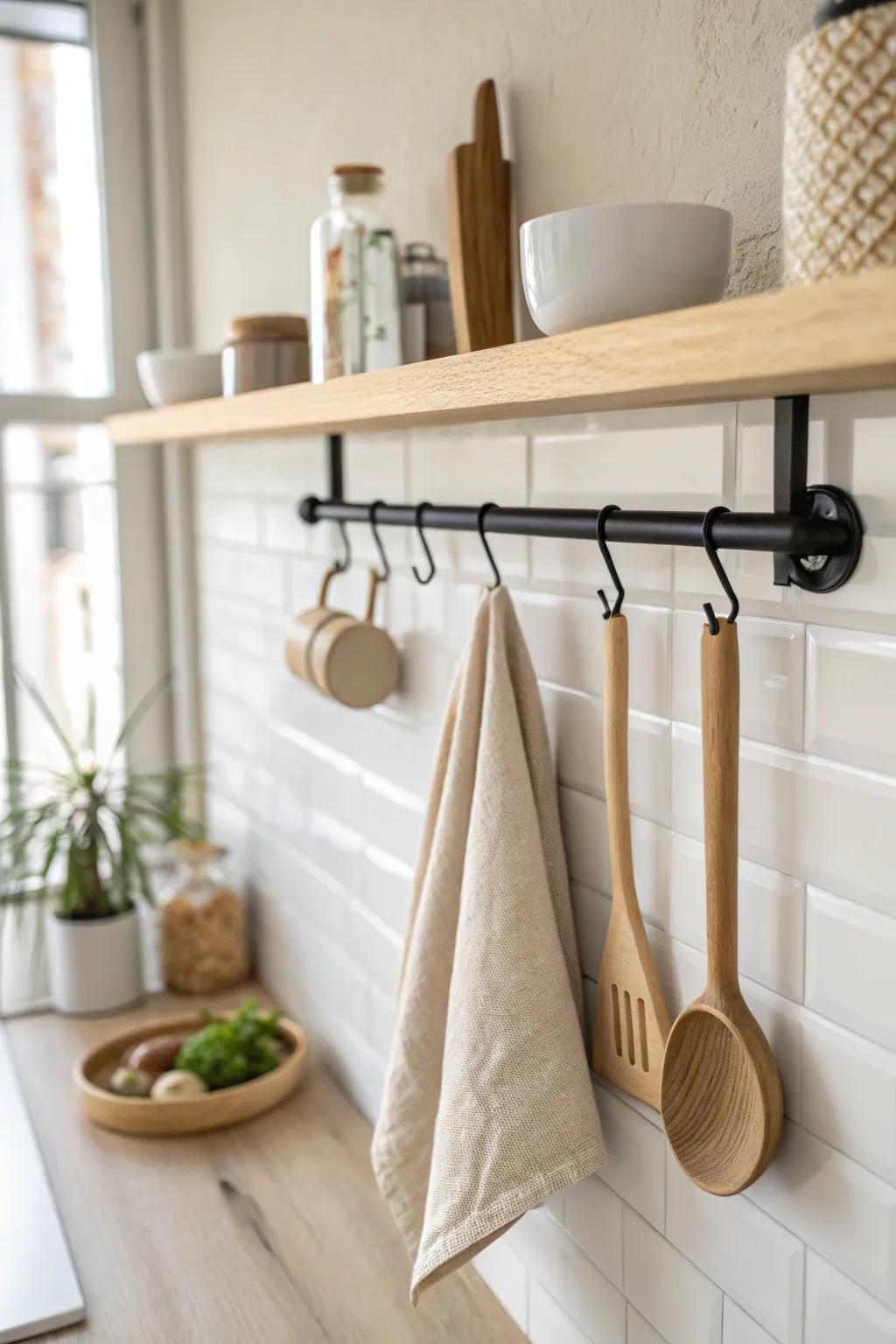 A slim under-shelf rail adds instant storage for towels and utensils—no drawers needed.