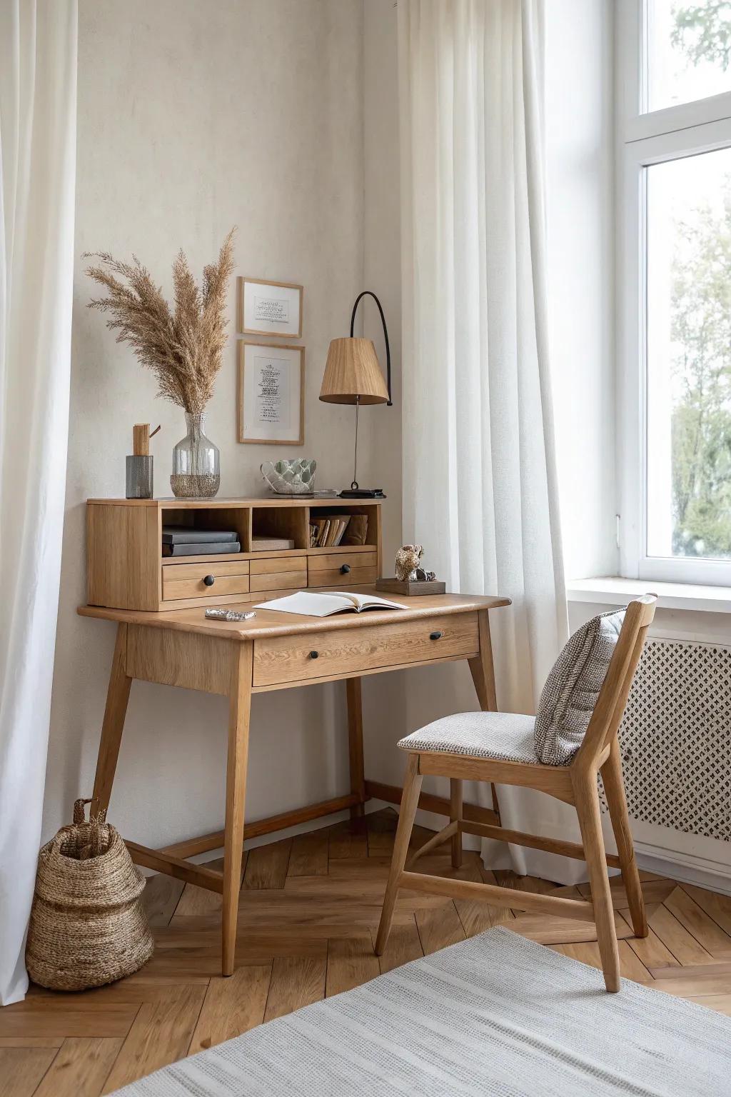 A calm corner desk that disappears behind a linen curtain—instant clutter-free peace.