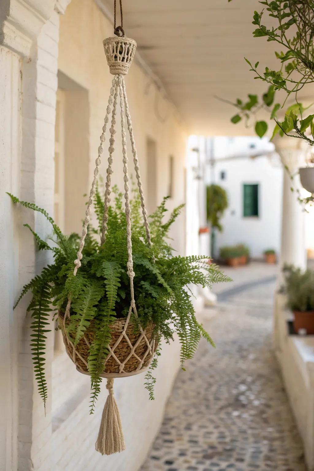 A floating green ceiling—one hanging planter that adds secret-garden drama without floor space.