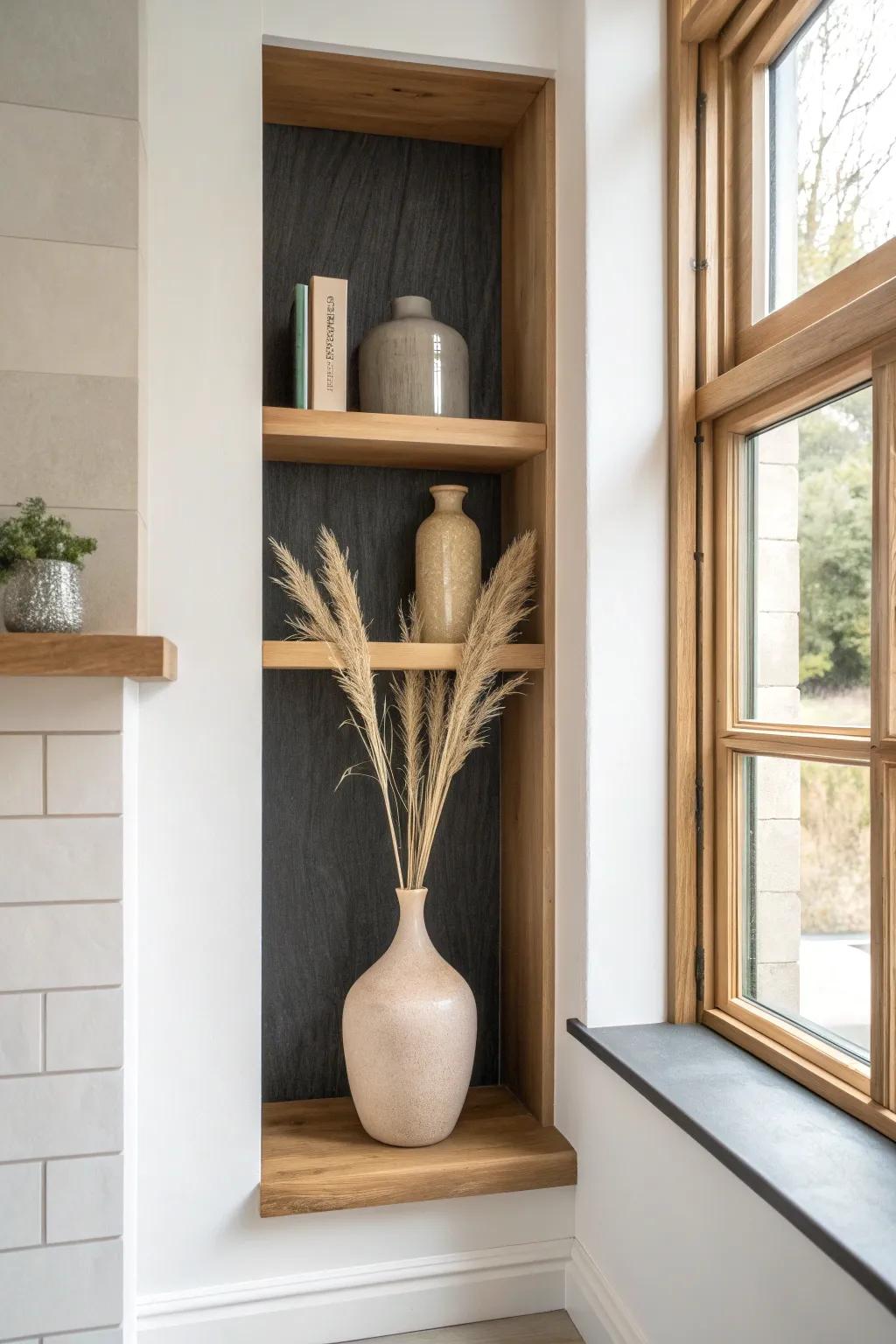 Turn an awkward niche into a custom alcove—built-in shelves + one curated piece.