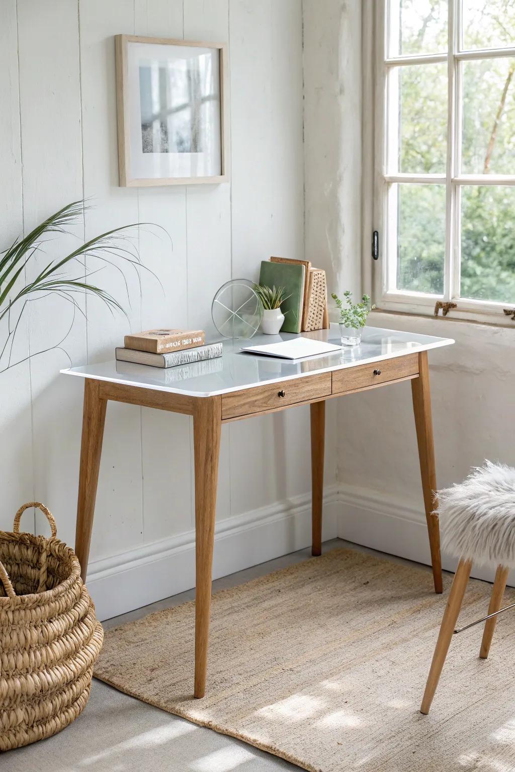 A clear-look desk makes small rooms feel airy—light visual weight, Scandinavian calm, boho warmth.