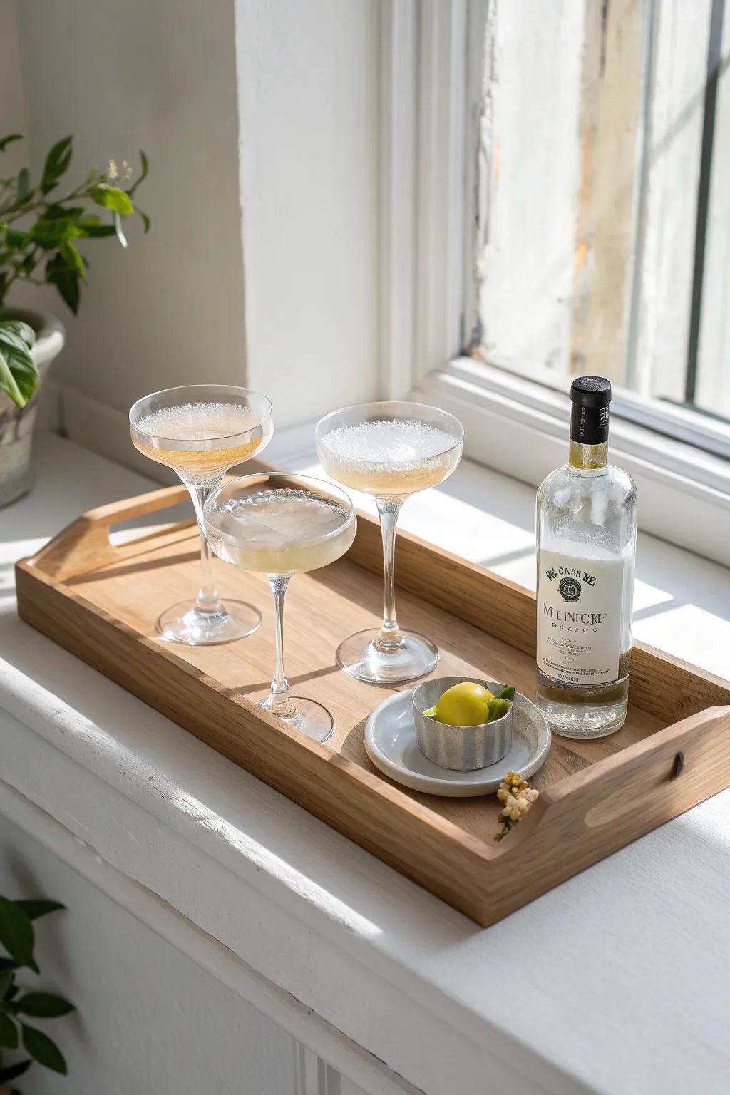 Turn a deep window ledge into a tiny dry bar—one sturdy tray, sparkling glass, zero clutter.