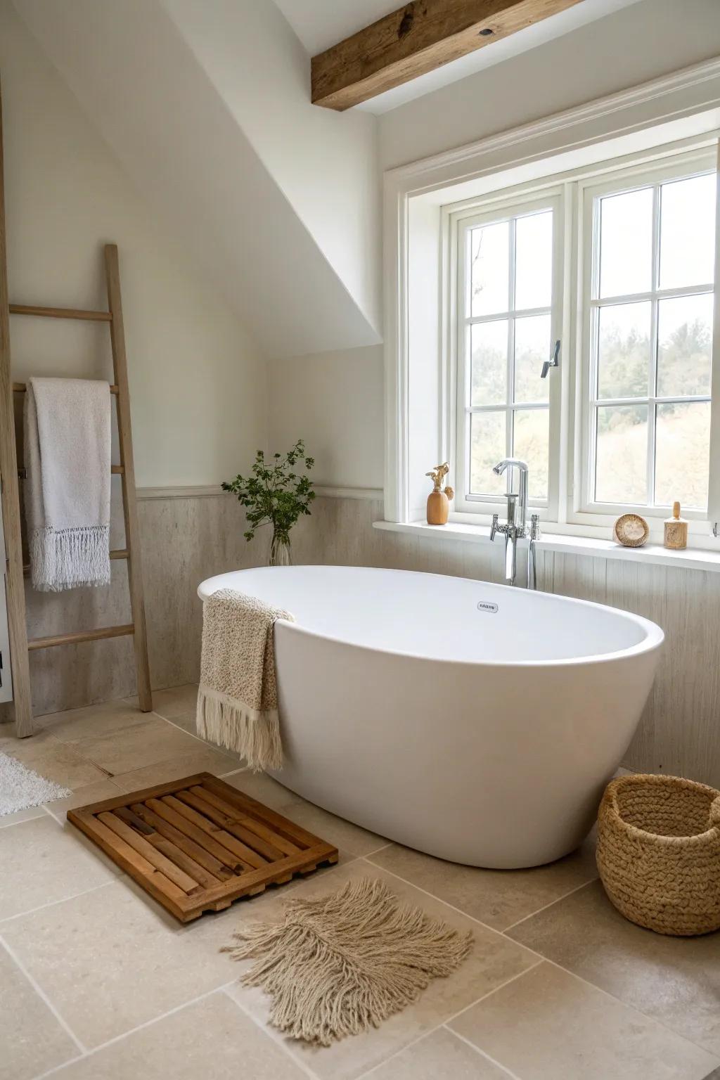 A micro soaking tub tucked in the corner—minimal, warm, and surprisingly luxurious.