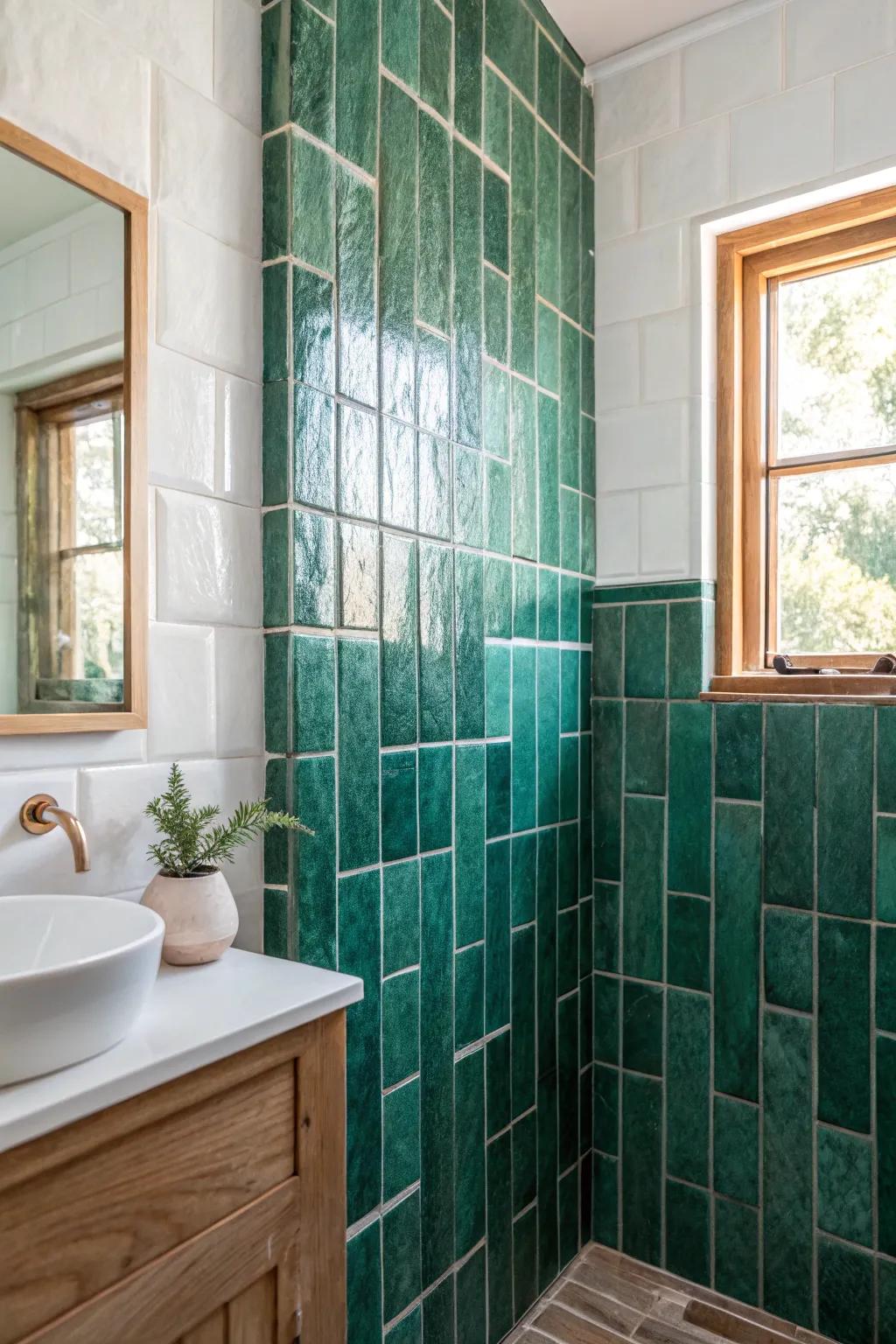 One bold tile wall transforms a small ensuite—keep the rest simple for calm, high contrast.