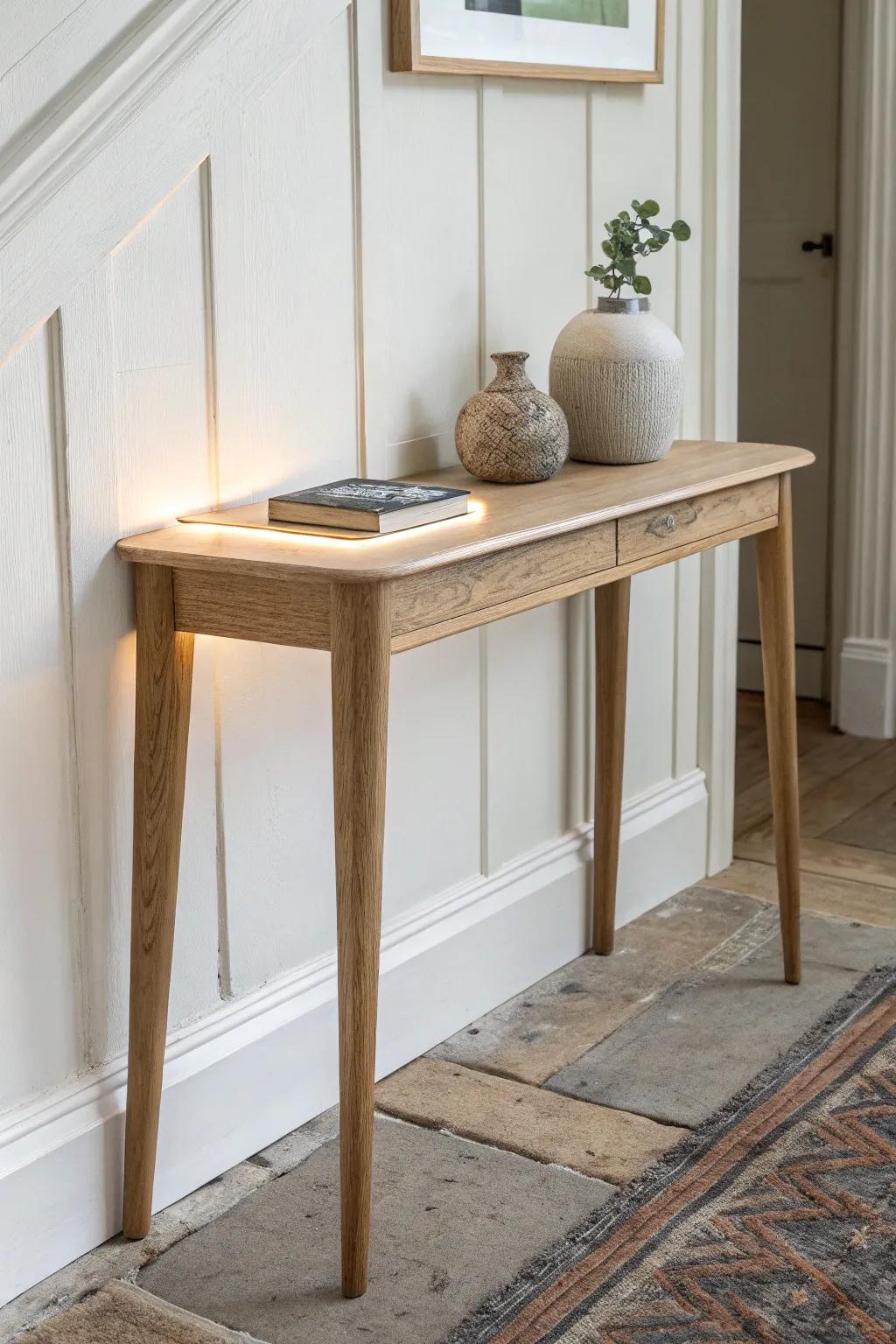 A tiny entry table feels bigger with a hidden warm LED glow—no extra clutter on top.
