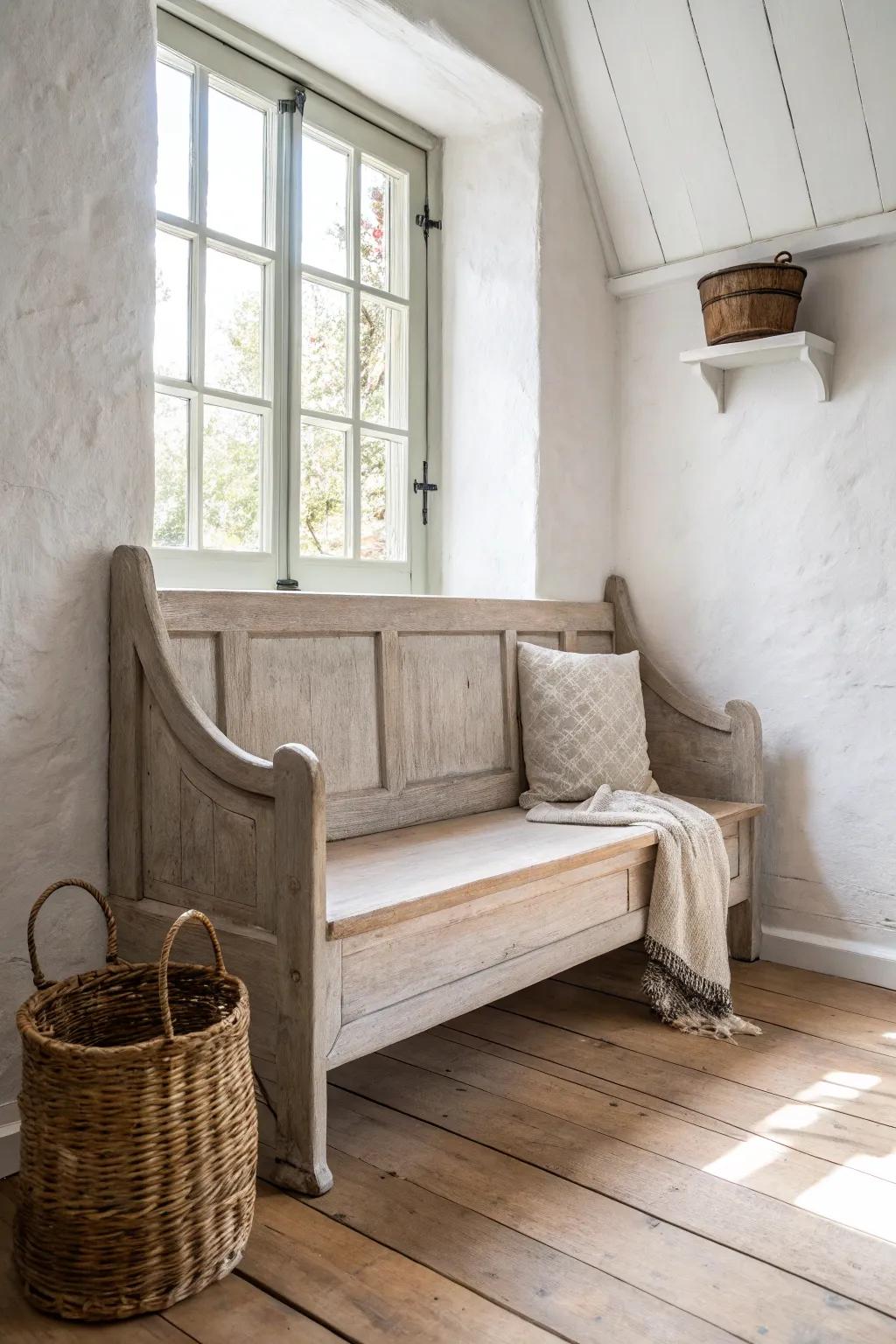 A vintage pew-style bench adds instant character—just add one basket underneath.