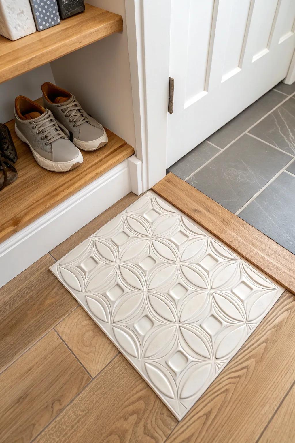 A calm, boutique-hotel entryway made bold with a small inset of 3D textured tile.