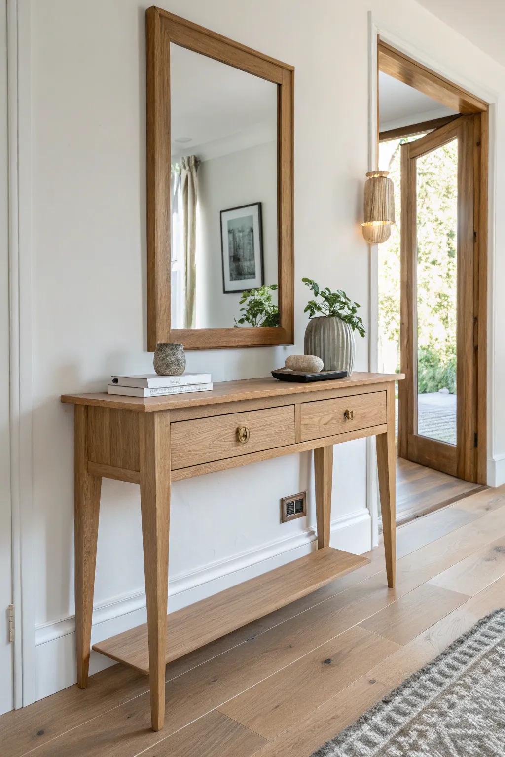 Mirror-front console table that bounces light, making the smallest entryway feel airy.