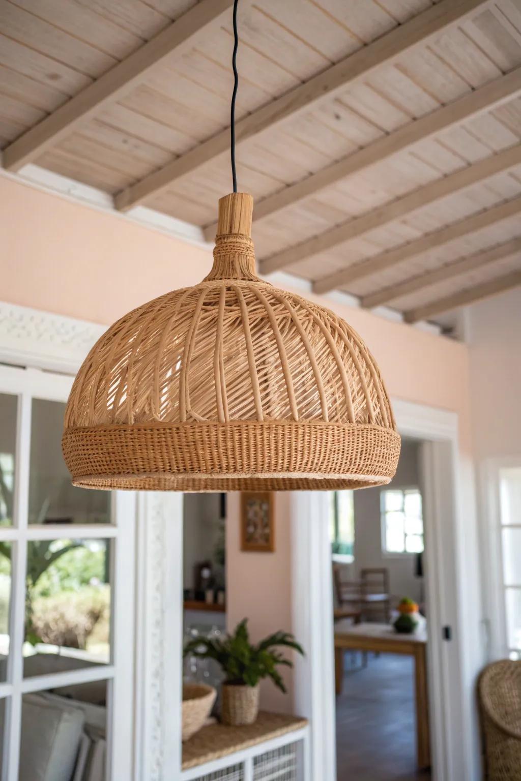 A painted ceiling + woven pendant creates a cozy, defined family zone in an open small space.