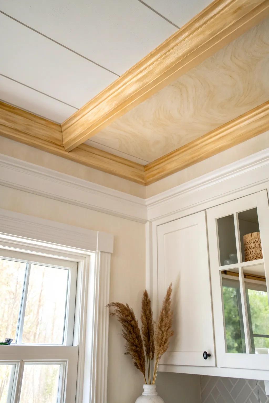 Soft cream ceiling paint adds cozy farmhouse depth—an easy, budget-friendly upgrade.
