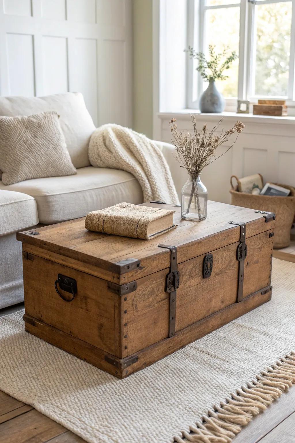 A charming storage trunk coffee table that hides blankets and games—perfect for small spaces.