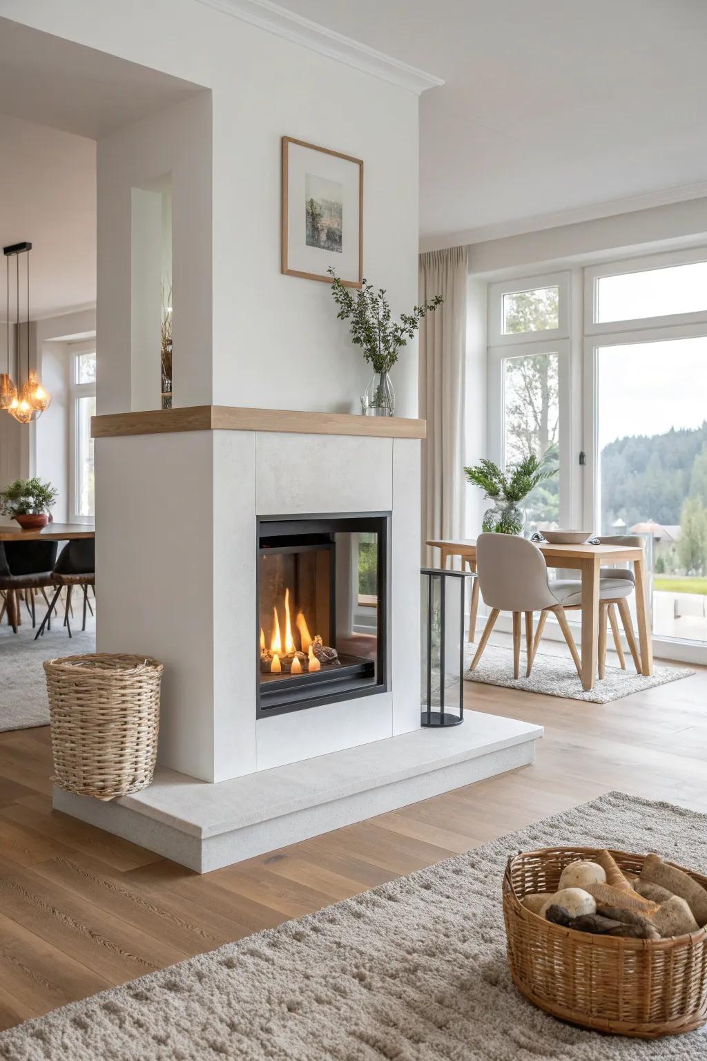 A two-sided fireplace divider that zones a small studio—open, airy, and irresistibly cozy.