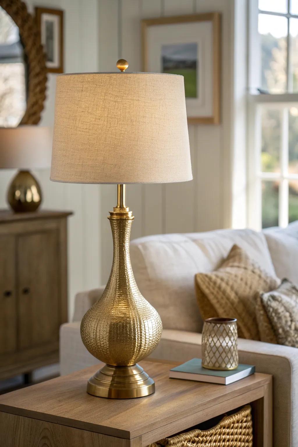 One warm brass accent adds instant formality—shine without clutter for small living rooms.