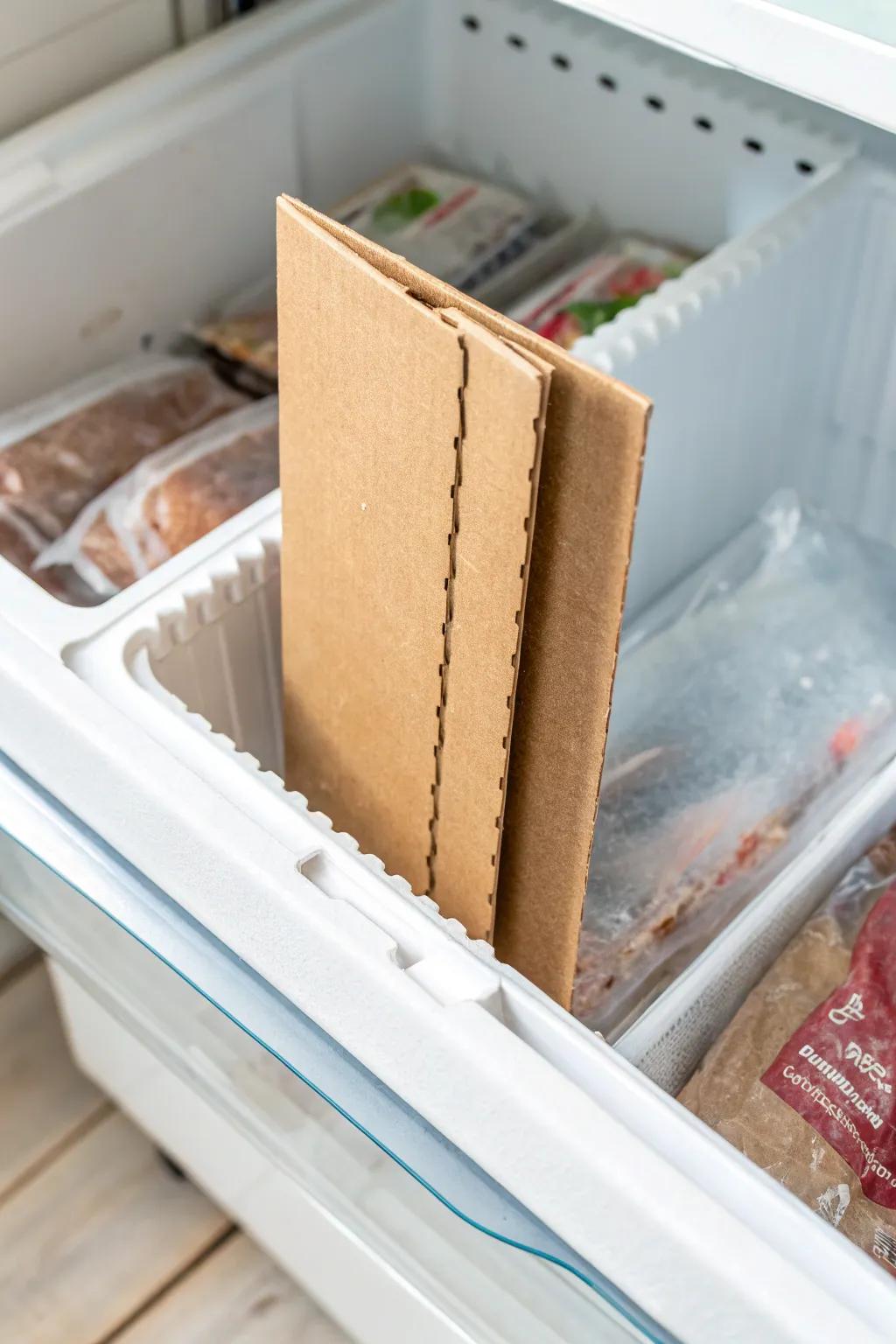 Scrappy but chic: a DIY cardboard divider that keeps freezer bags neatly upright in tight spaces.