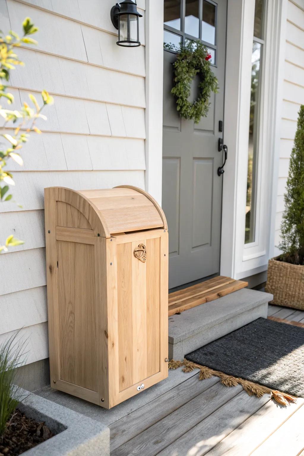 A chic parcel parking box keeps tiny front decks tidy—styled in calm Scandi tones.